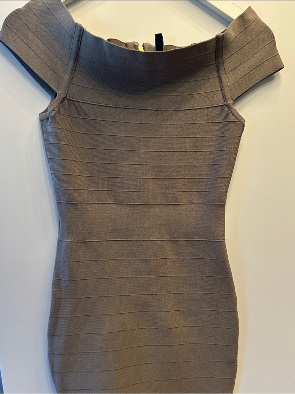 Marciano Off-Shoulder Bandage Dress in Taupe brown color